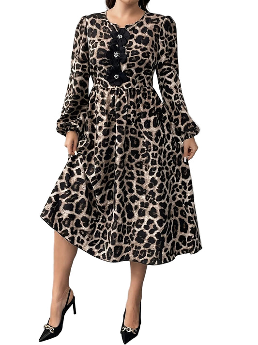 Women’s Leopard-Print Midi Dress with Floral Accents