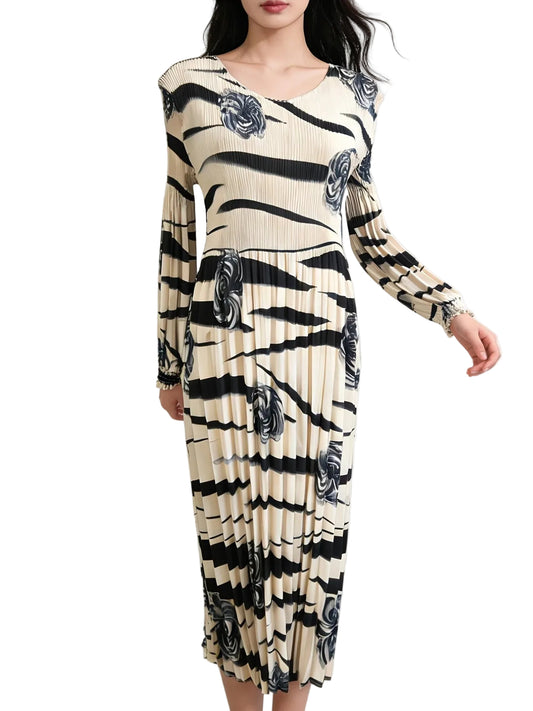 Women’s Pleated Midi Dress with Floral and Stripe Print