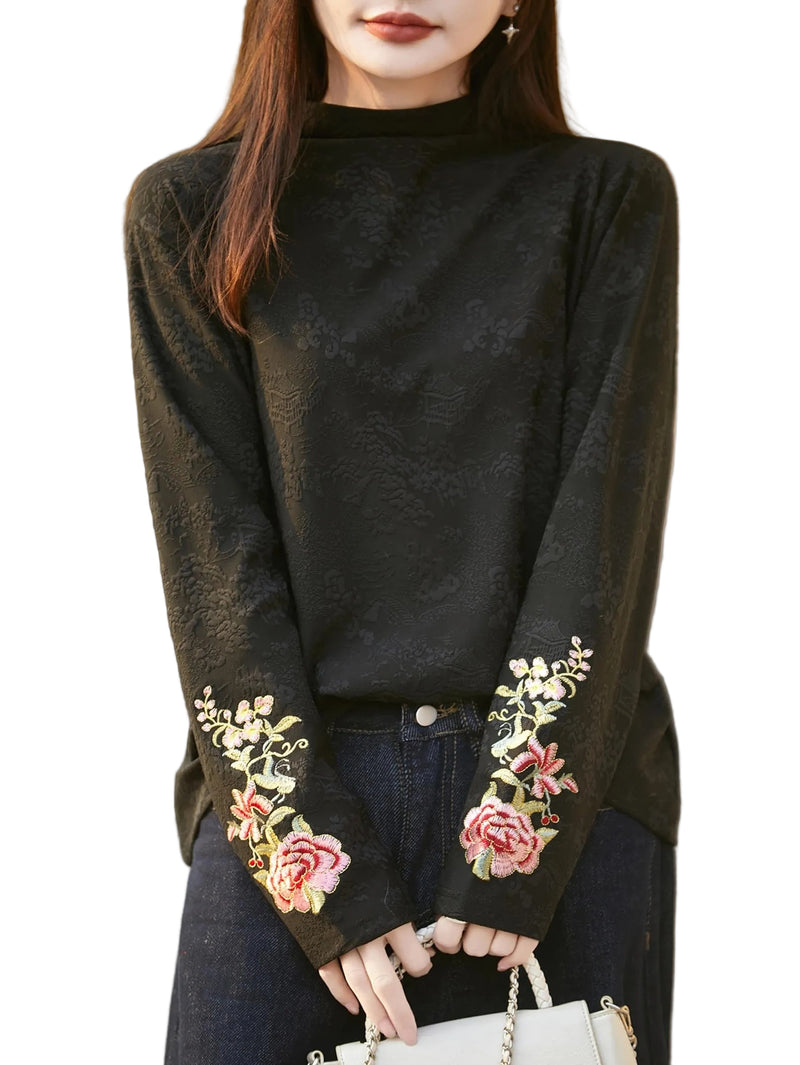 Women’s Textured Sweater with Floral Embroidery